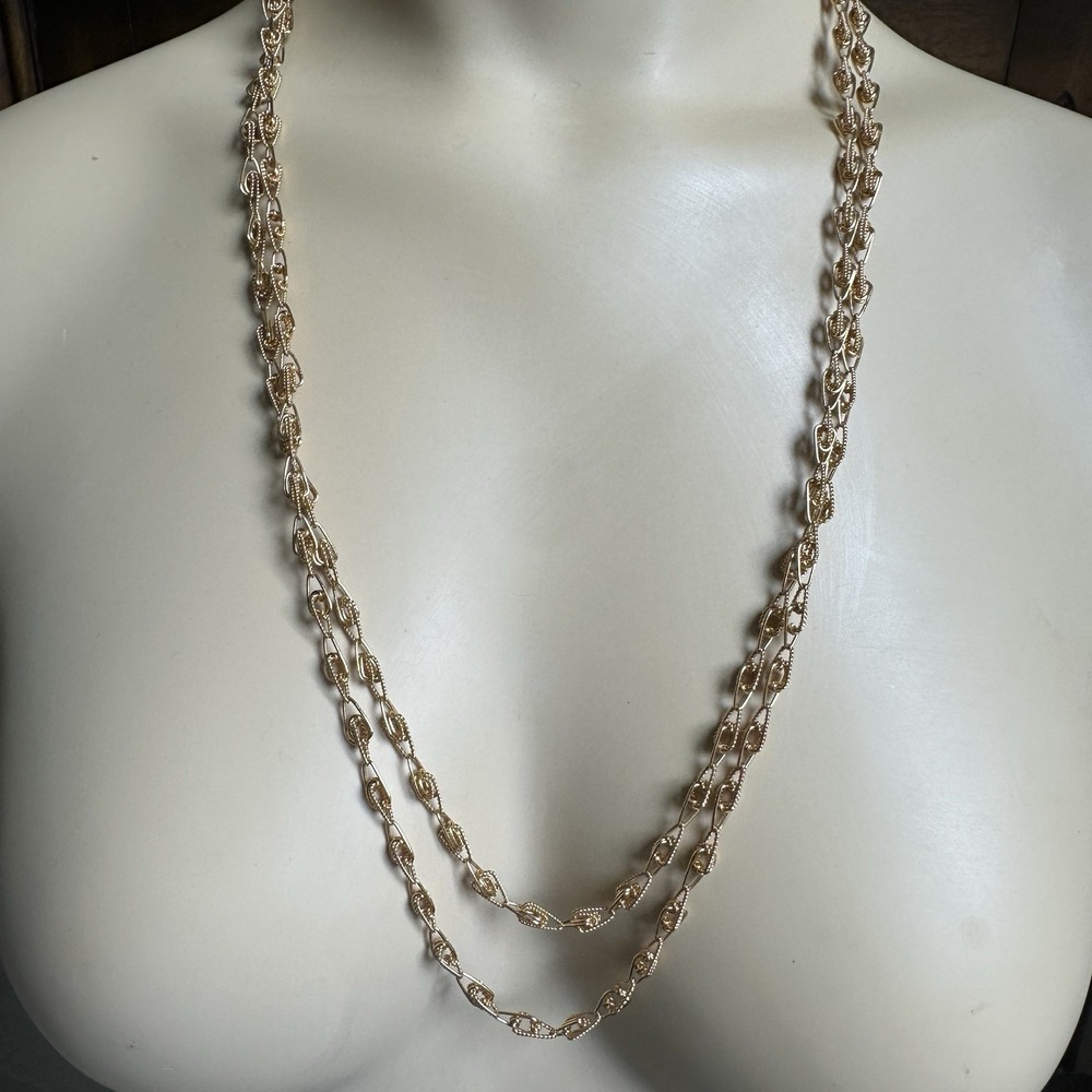 Vintage Artisan Necklace 53 Inch Scroll Link Chain Gold Plated Textured T Tag